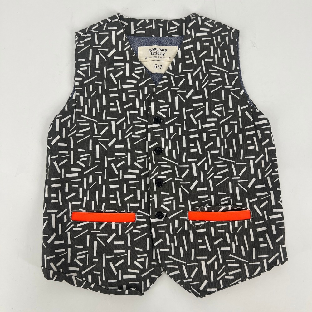 Good Boy Friday Kids Vest Size 6/7 Black White Geometric Dash Print Made in USA